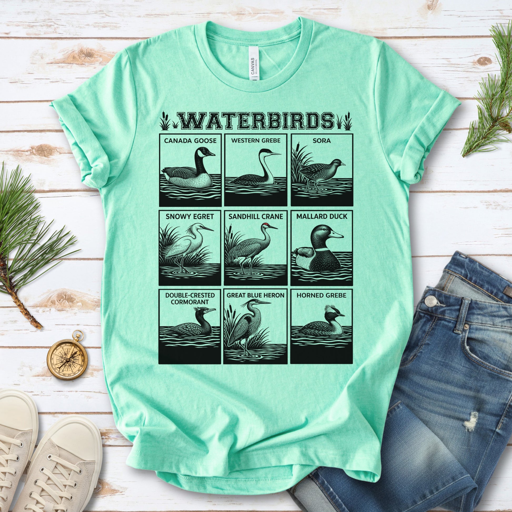 Waterbirds Vintage Wildlife Illustration Birdwatching T-Shirt