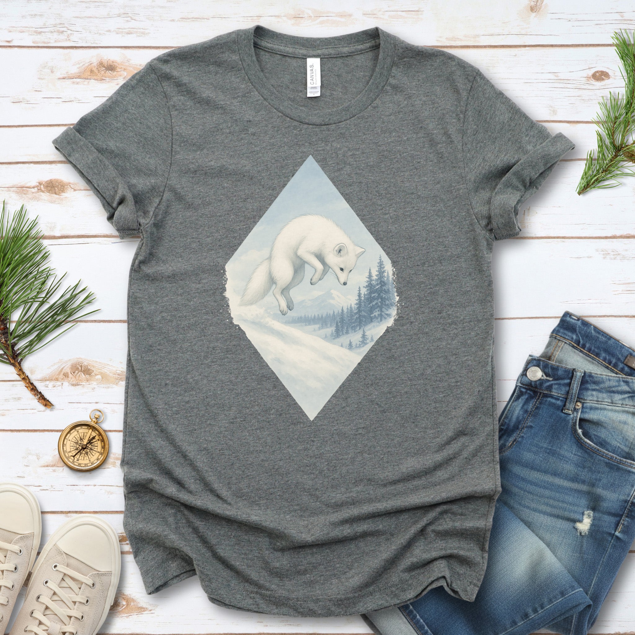 Jumping White Fox in the Snow Spirit T-Shirt