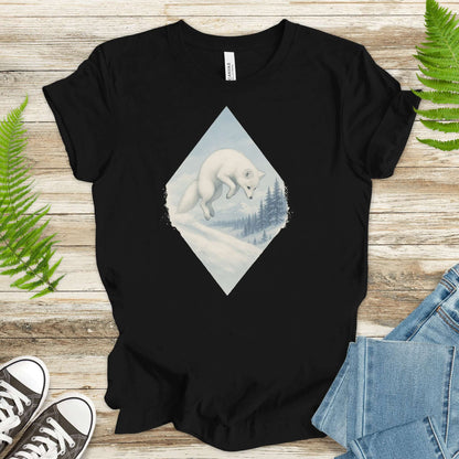 Jumping white fox in snow graphic on black shirt, perfect for fantasy lovers and animal enthusiasts.