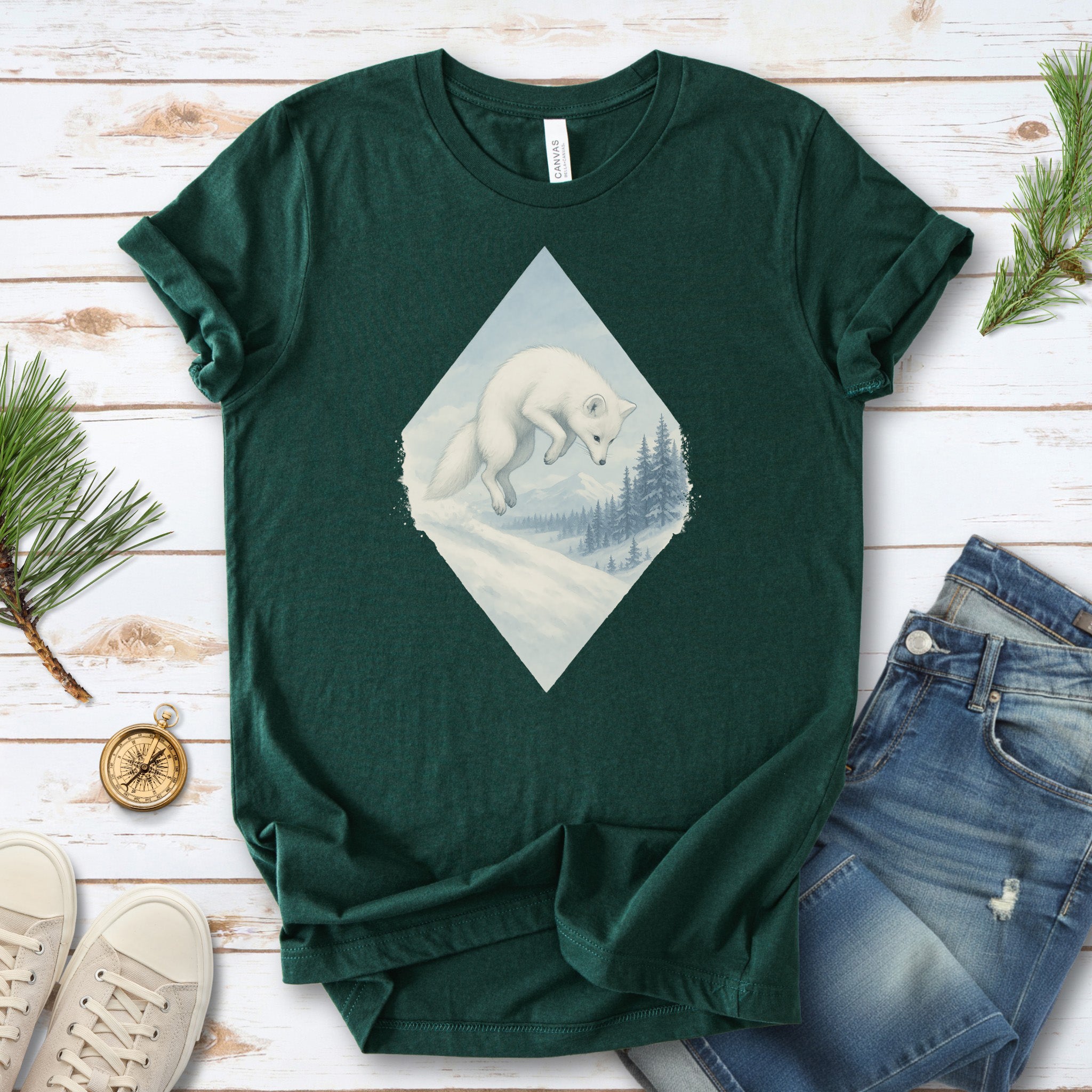 Jumping White Fox in the Snow Spirit T-Shirt