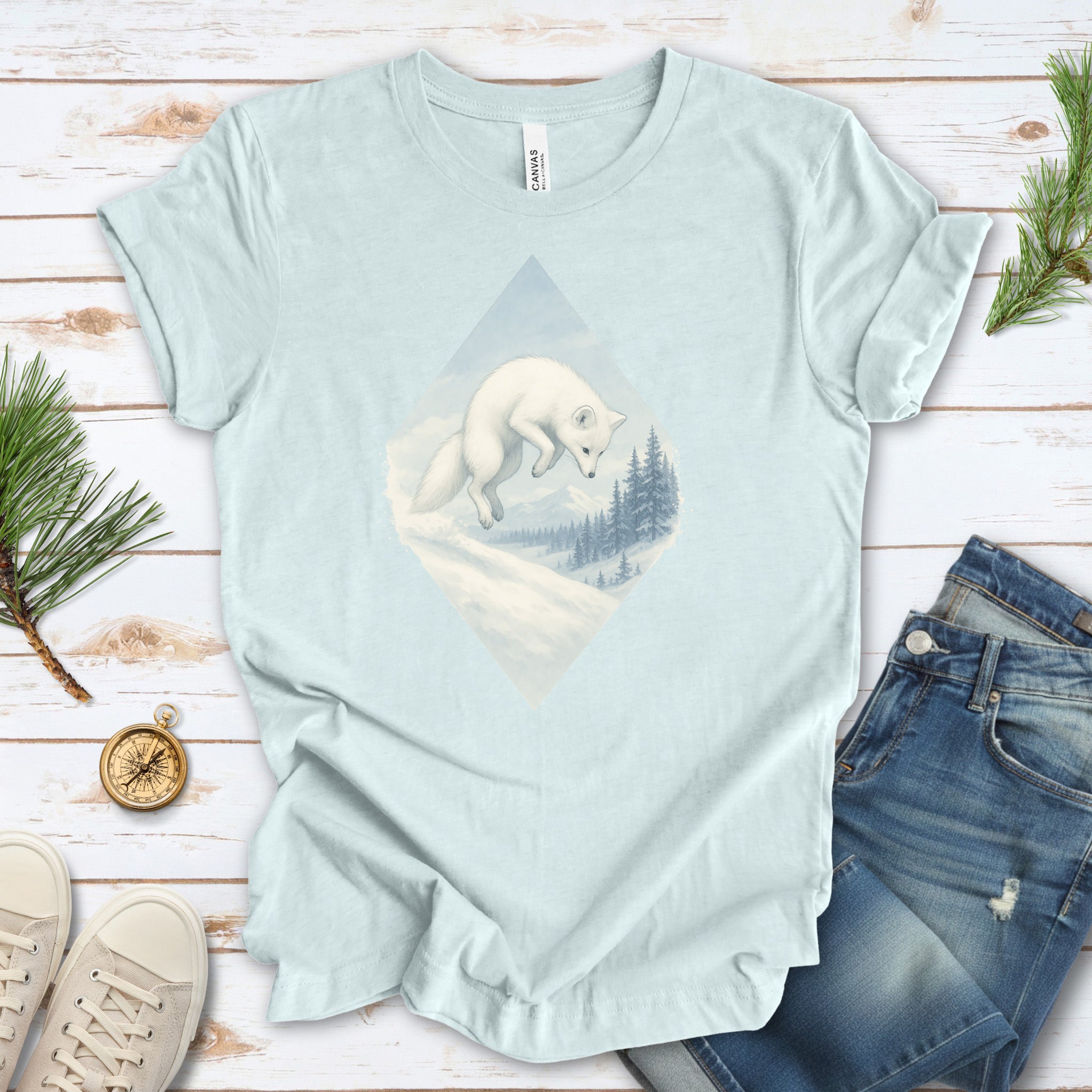 Jumping White Fox in the Snow Spirit T-Shirt