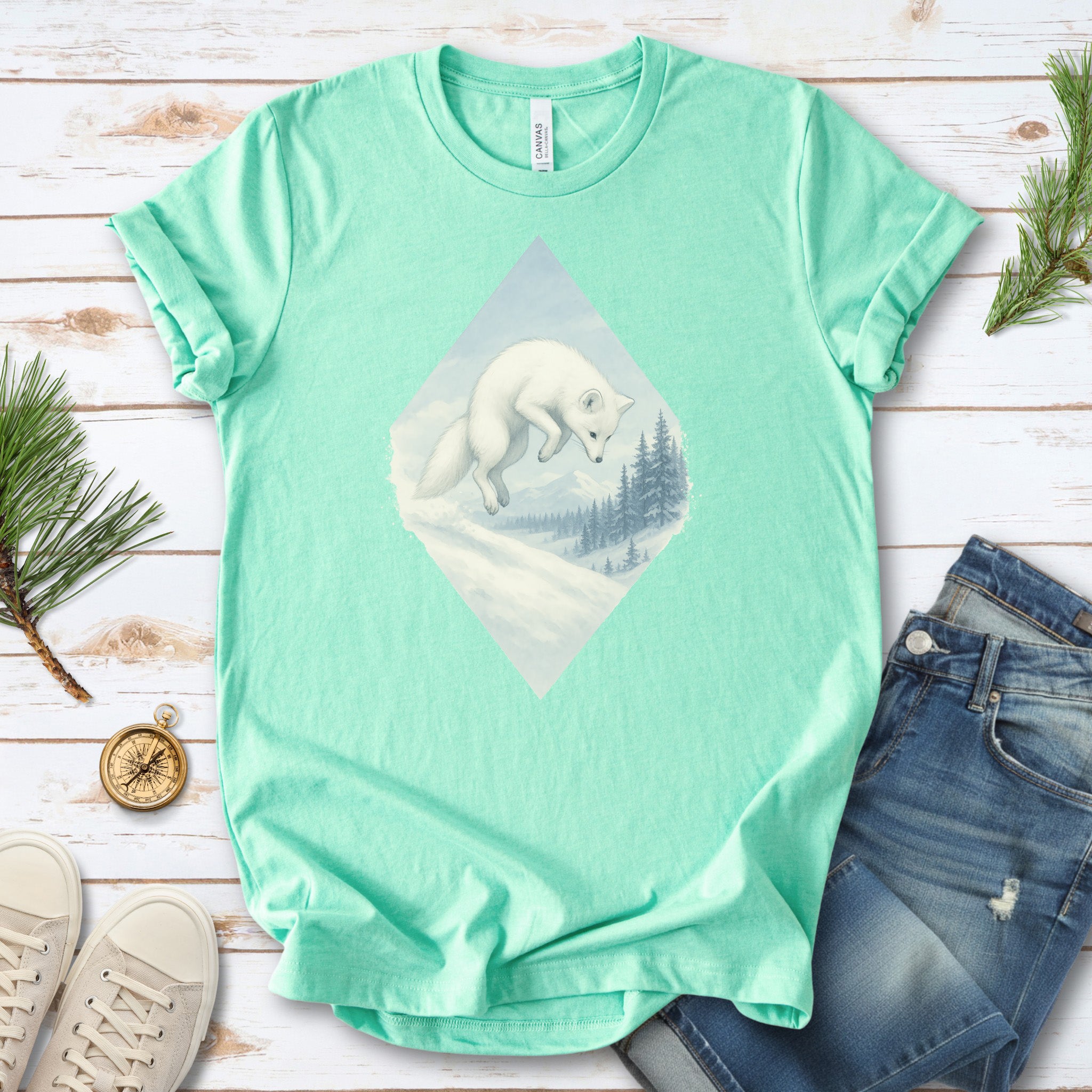 Jumping White Fox in the Snow Spirit T-Shirt