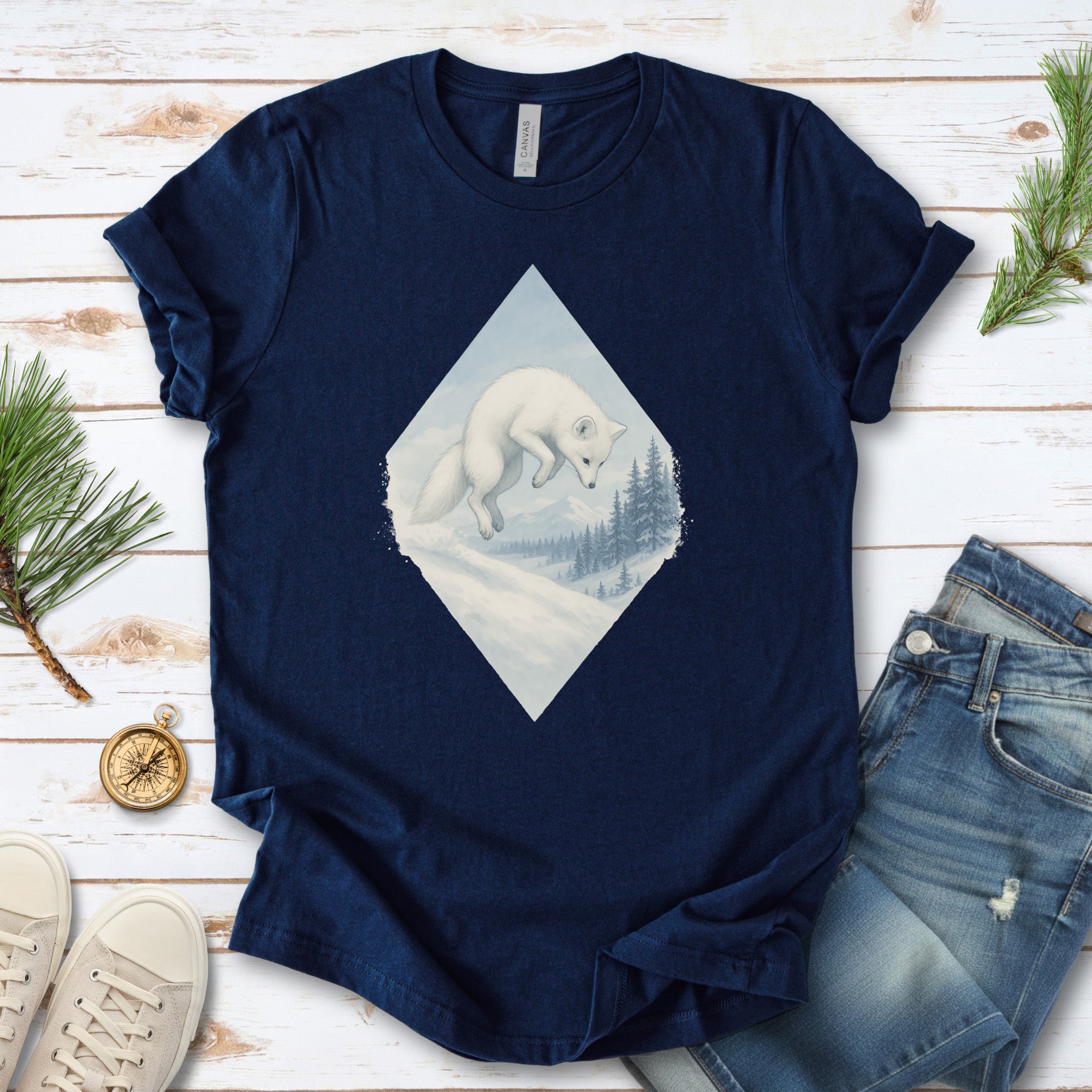 Jumping White Fox in the Snow Spirit T-Shirt