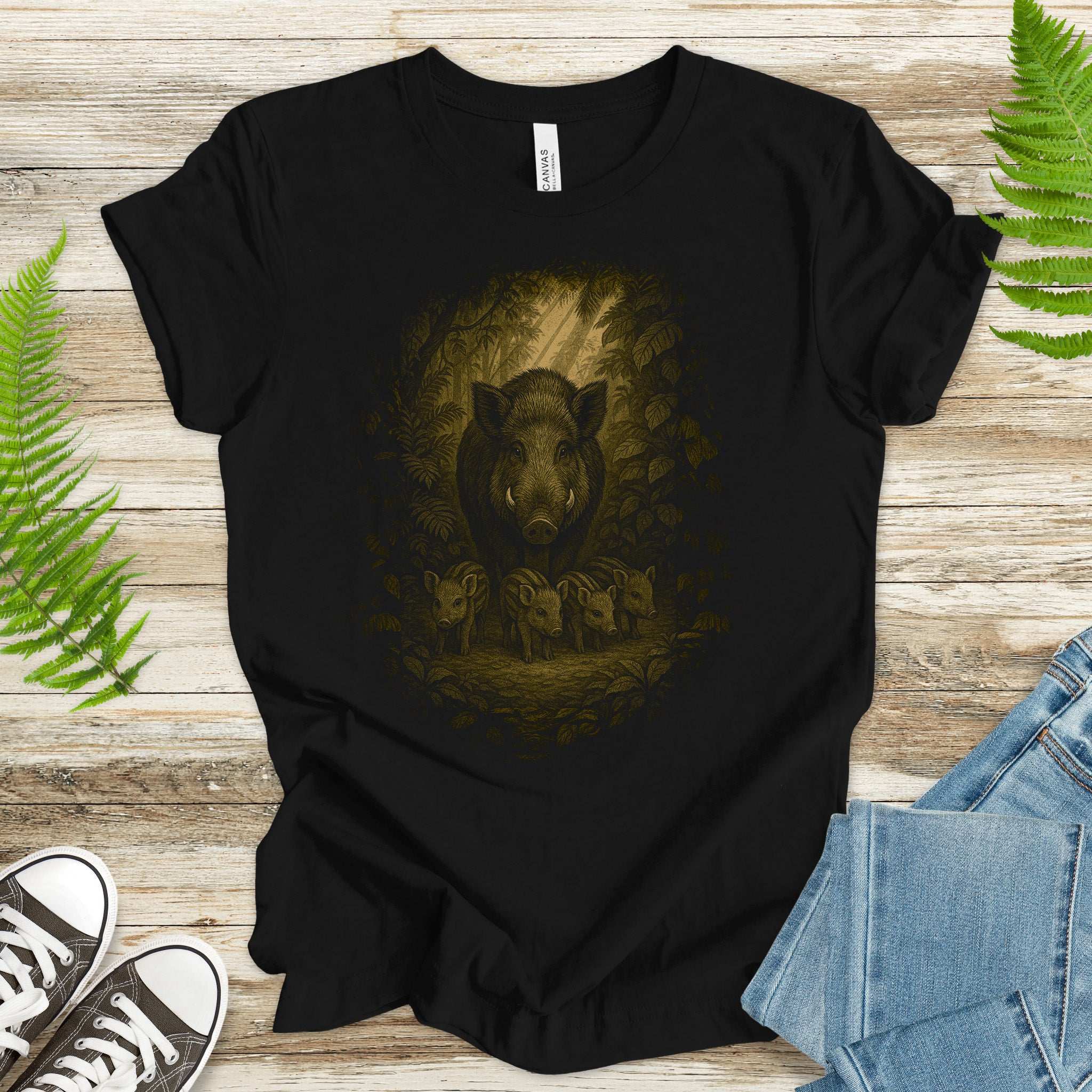 Wild Boar Spirit Animal T-Shirt – Woodland Family Guardian Vibes featuring a wild boar and piglets in a forest setting.