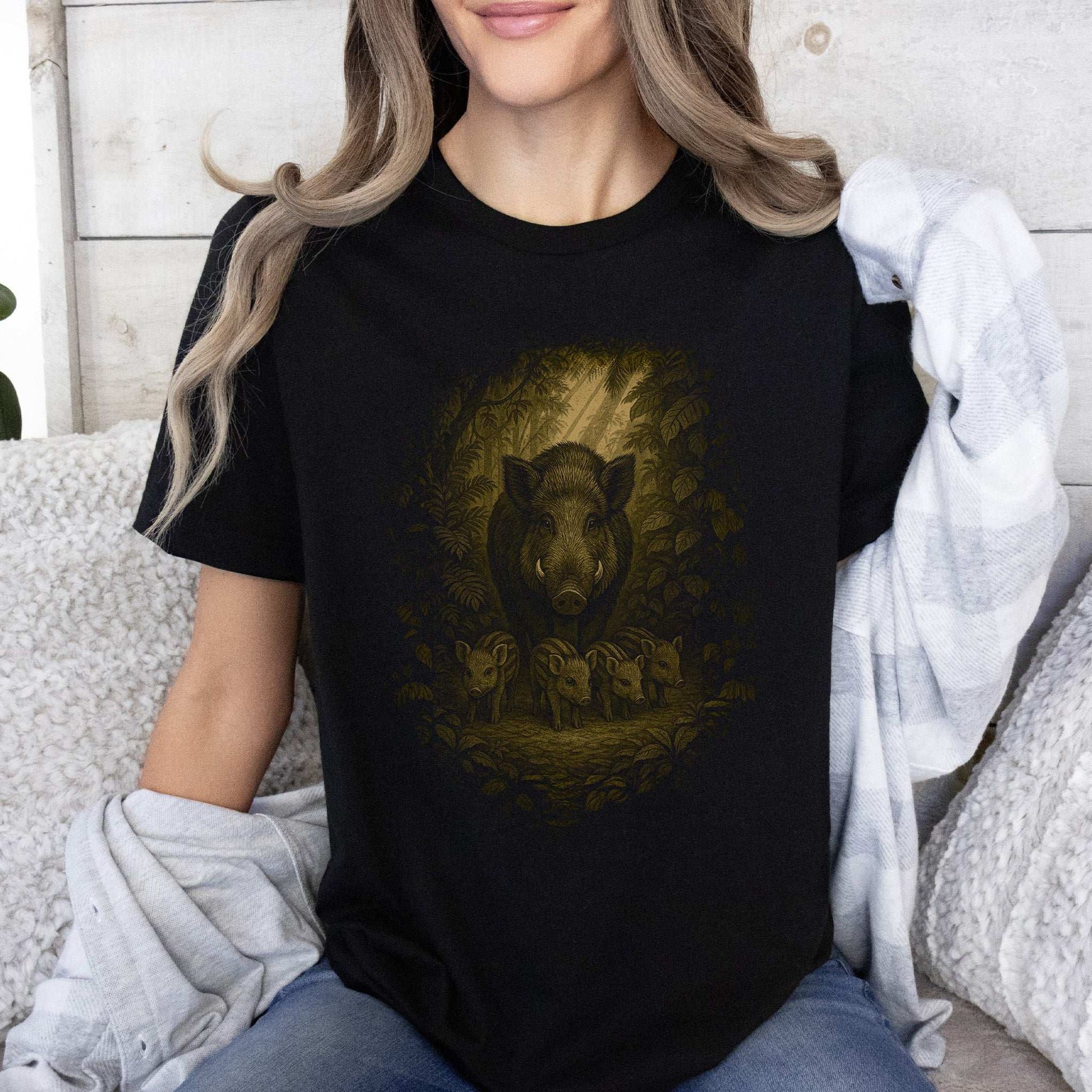 Wild Boar Spirit Animal T-Shirt – Woodland Family Guardian Vibes featuring a wild boar and piglets in a forest setting.