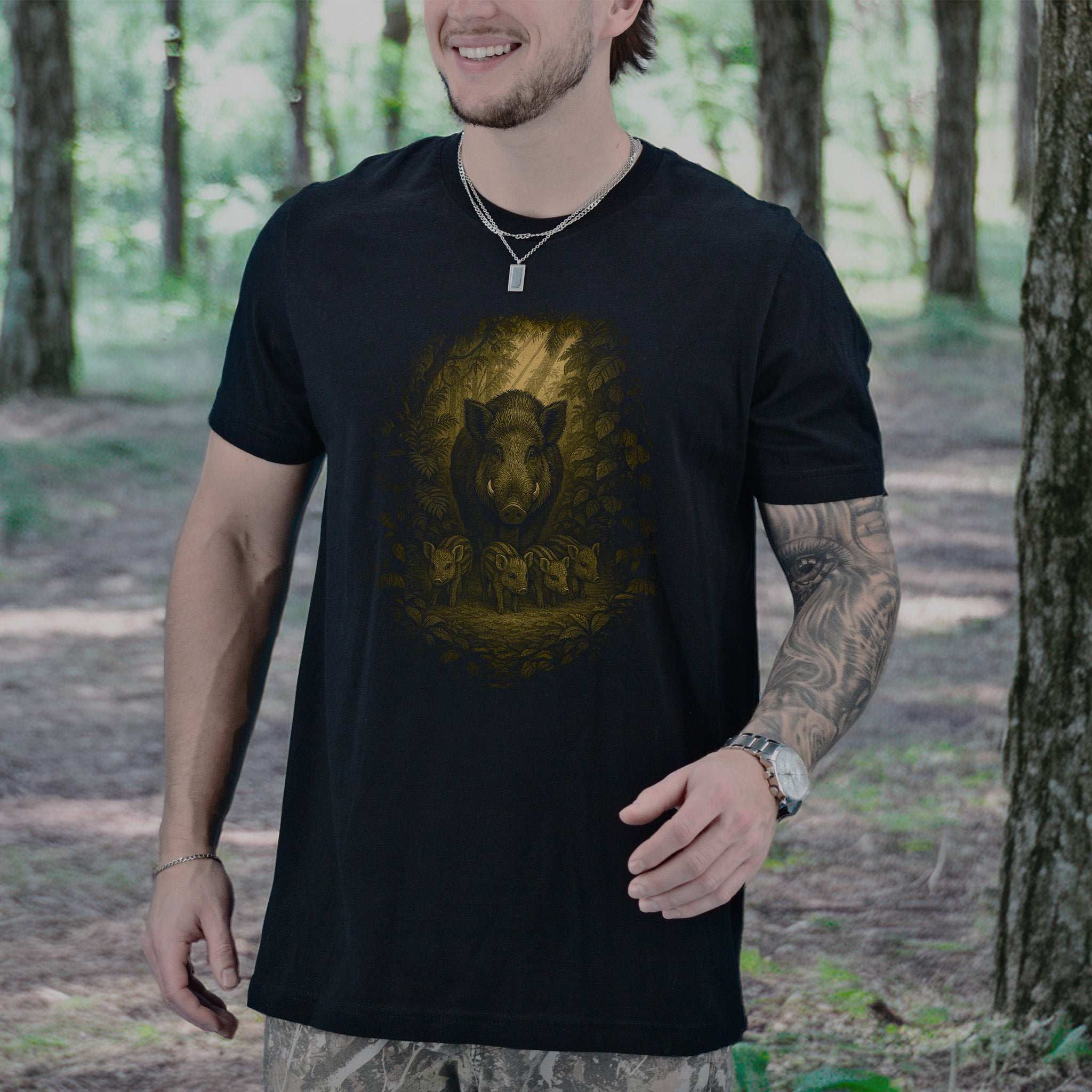 Wild Boar Spirit Animal T-Shirt – Woodland Family Guardian Vibes worn by a man in a forest setting.
