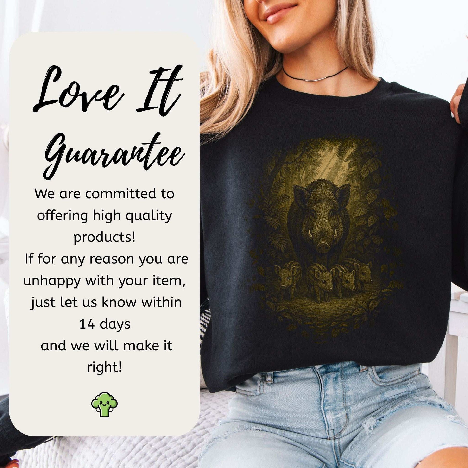Wild Boar Spirit Animal Sweatshirt – Woodland Family Guardian Vibes worn by a smiling woman with a guarantee statement.