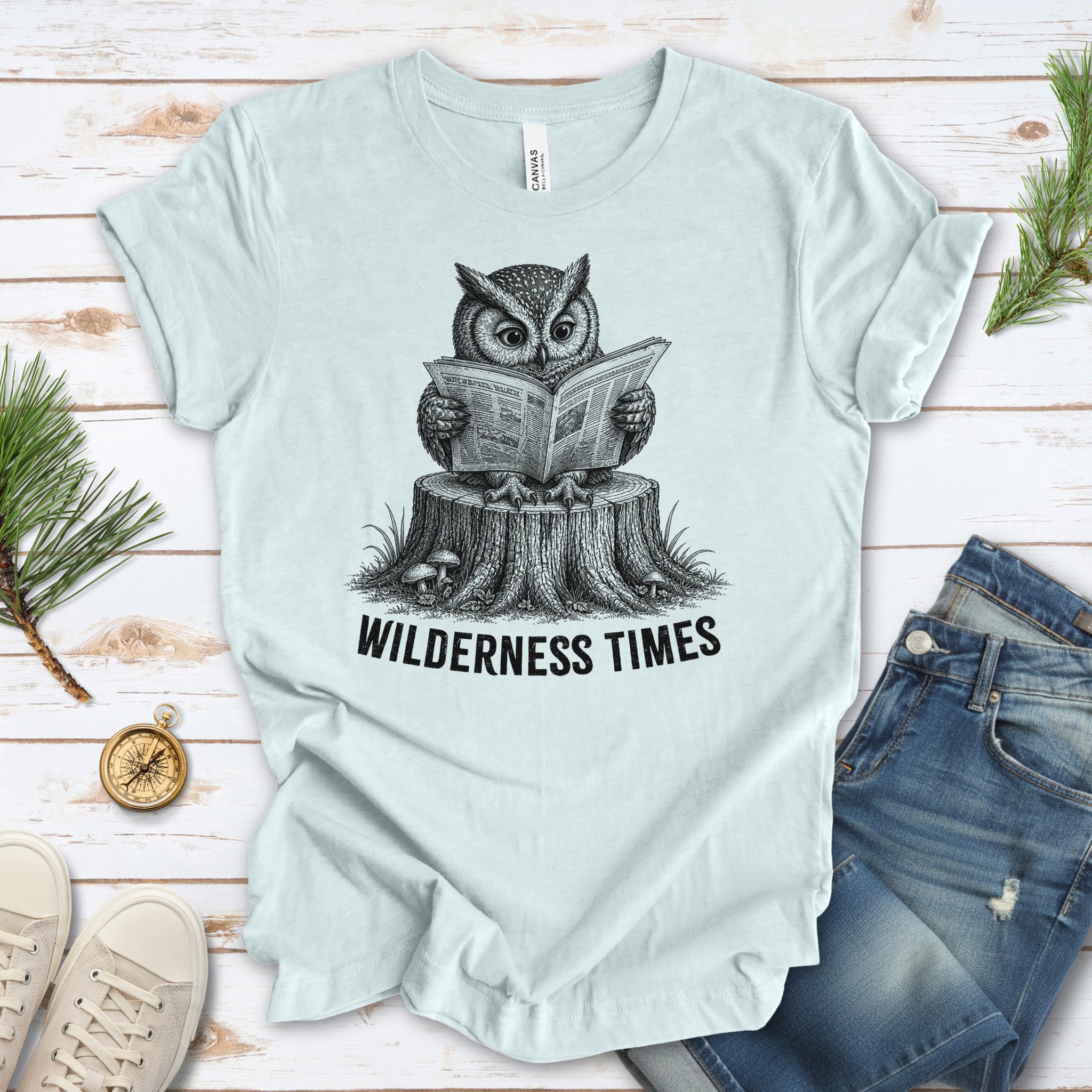 Wilderness Times Owl Reading Newspaper Birdwatching Gift T-Shirt