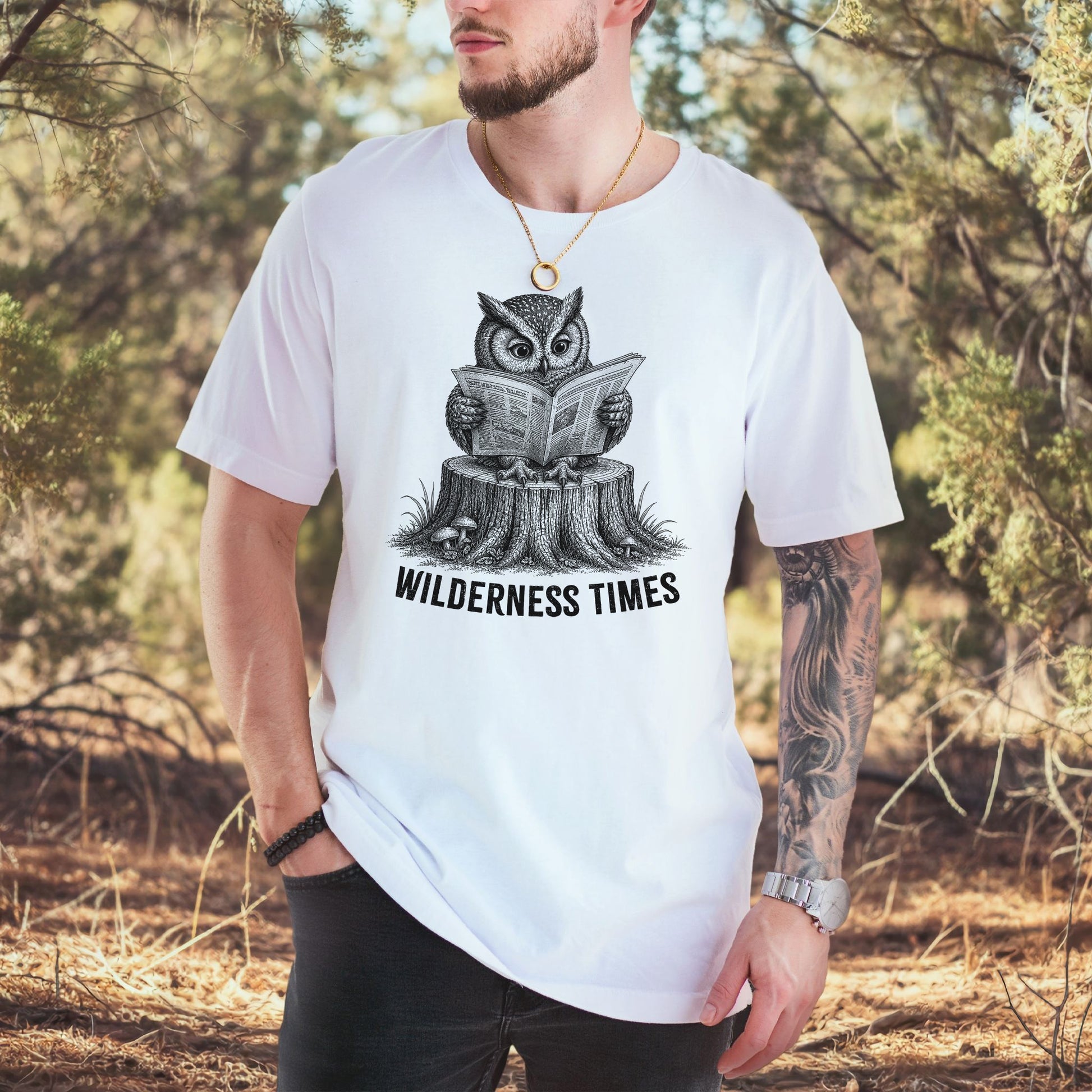 Wilderness Times Owl Reading Newspaper Birdwatching Gift T-Shirt