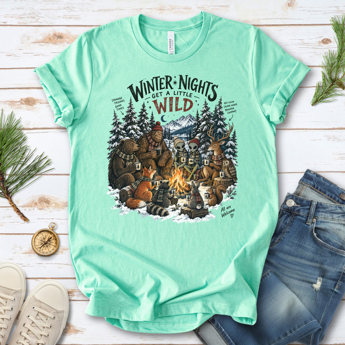 Winter Nights Get a Little Wild Bigfoot Alien Wildlife Campfire T-Shirt