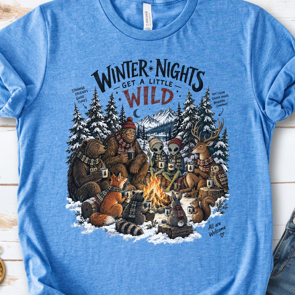 Winter Nights Get a Little Wild Bigfoot Alien Wildlife Campfire T-Shirt