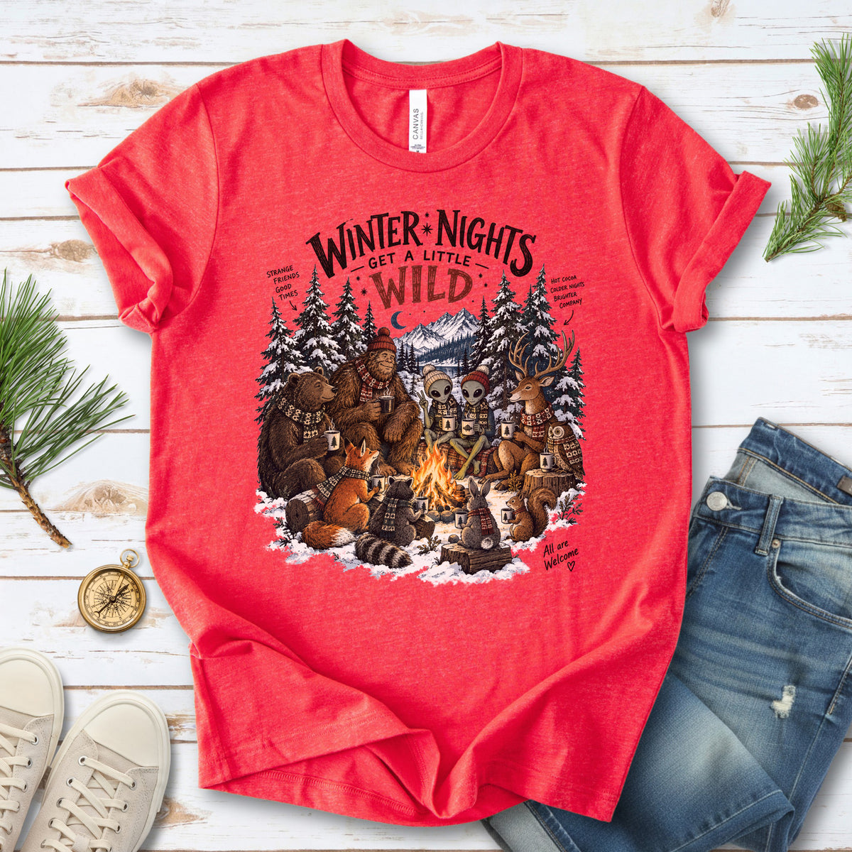 Winter Nights Get a Little Wild Bigfoot Alien Wildlife Campfire T-Shirt