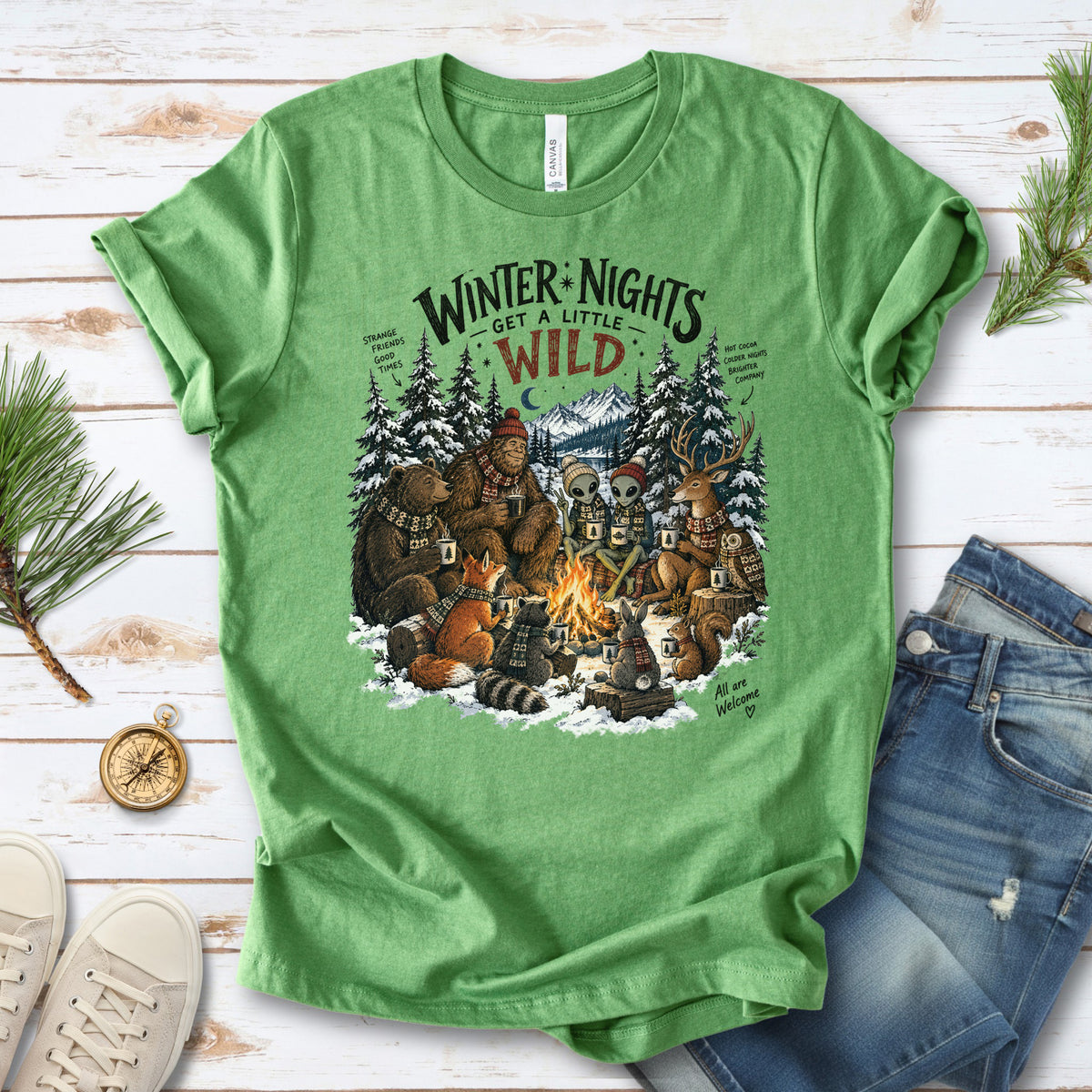Winter Nights Get a Little Wild Bigfoot Alien Wildlife Campfire T-Shirt