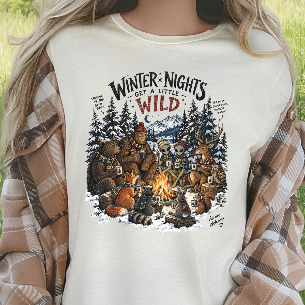 Winter Nights Get a Little Wild Bigfoot Alien Wildlife Campfire T-Shirt