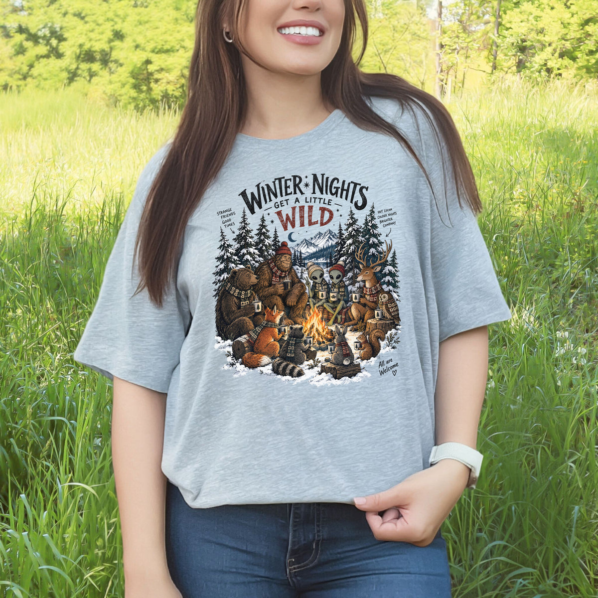 Winter Nights Get a Little Wild Bigfoot Alien Wildlife Campfire T-Shirt