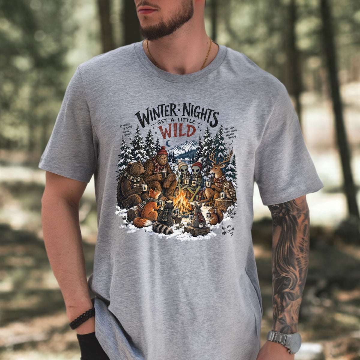 Winter Nights Get a Little Wild Bigfoot Alien Wildlife Campfire T-Shirt