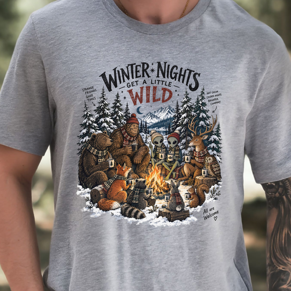 Winter Nights Get a Little Wild Bigfoot Alien Wildlife Campfire T-Shirt