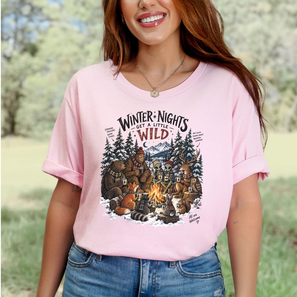 Winter Nights Get a Little Wild Bigfoot Alien Wildlife Campfire T-Shirt
