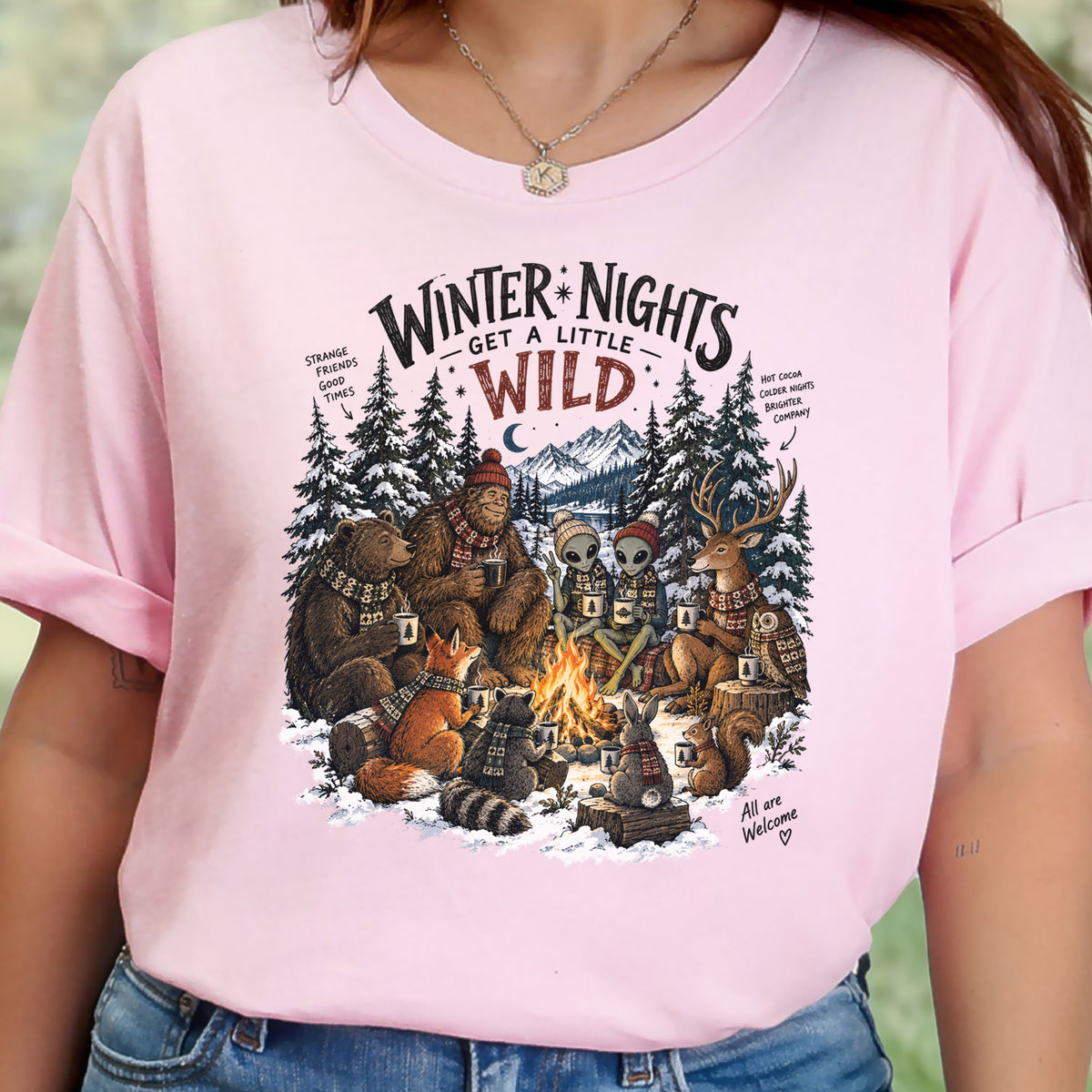 Winter Nights Get a Little Wild Bigfoot Alien Wildlife Campfire T-Shirt