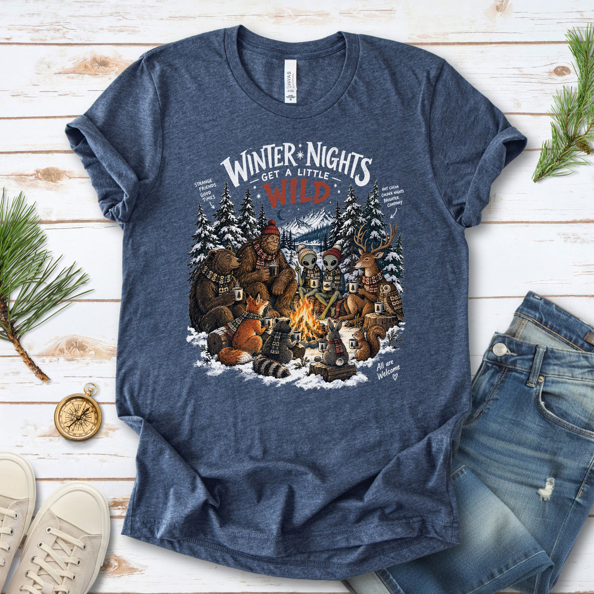 Winter Nights Get a Little Wild Bigfoot Alien Wildlife Campfire T-Shirt