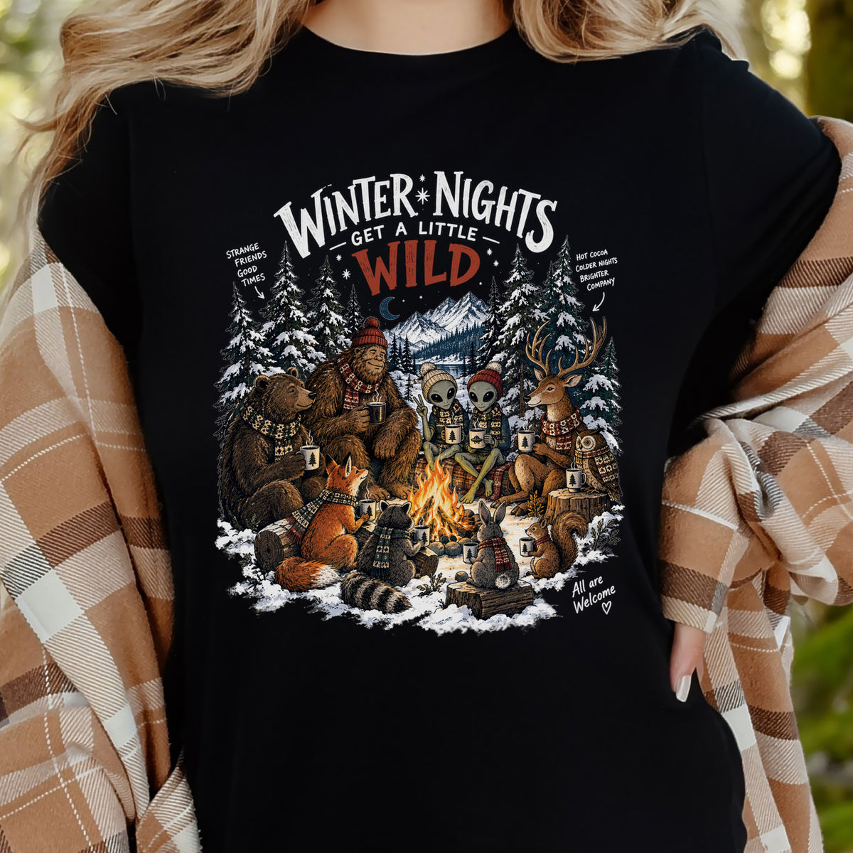 Winter Nights Get a Little Wild Bigfoot Alien Wildlife Campfire T-Shirt