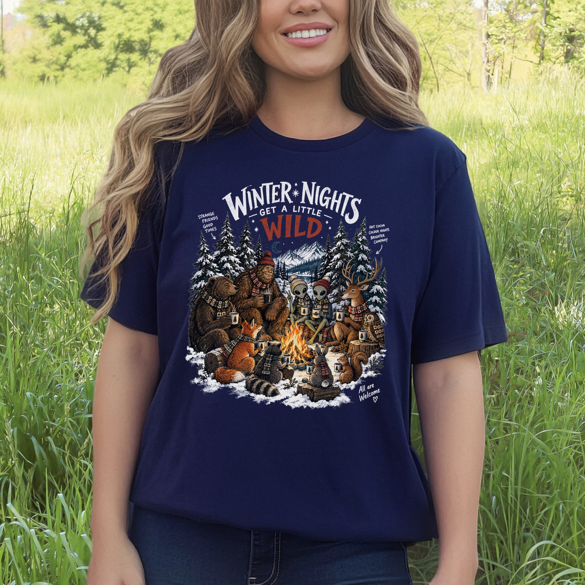 Winter Nights Get a Little Wild Bigfoot Alien Wildlife Campfire T-Shirt