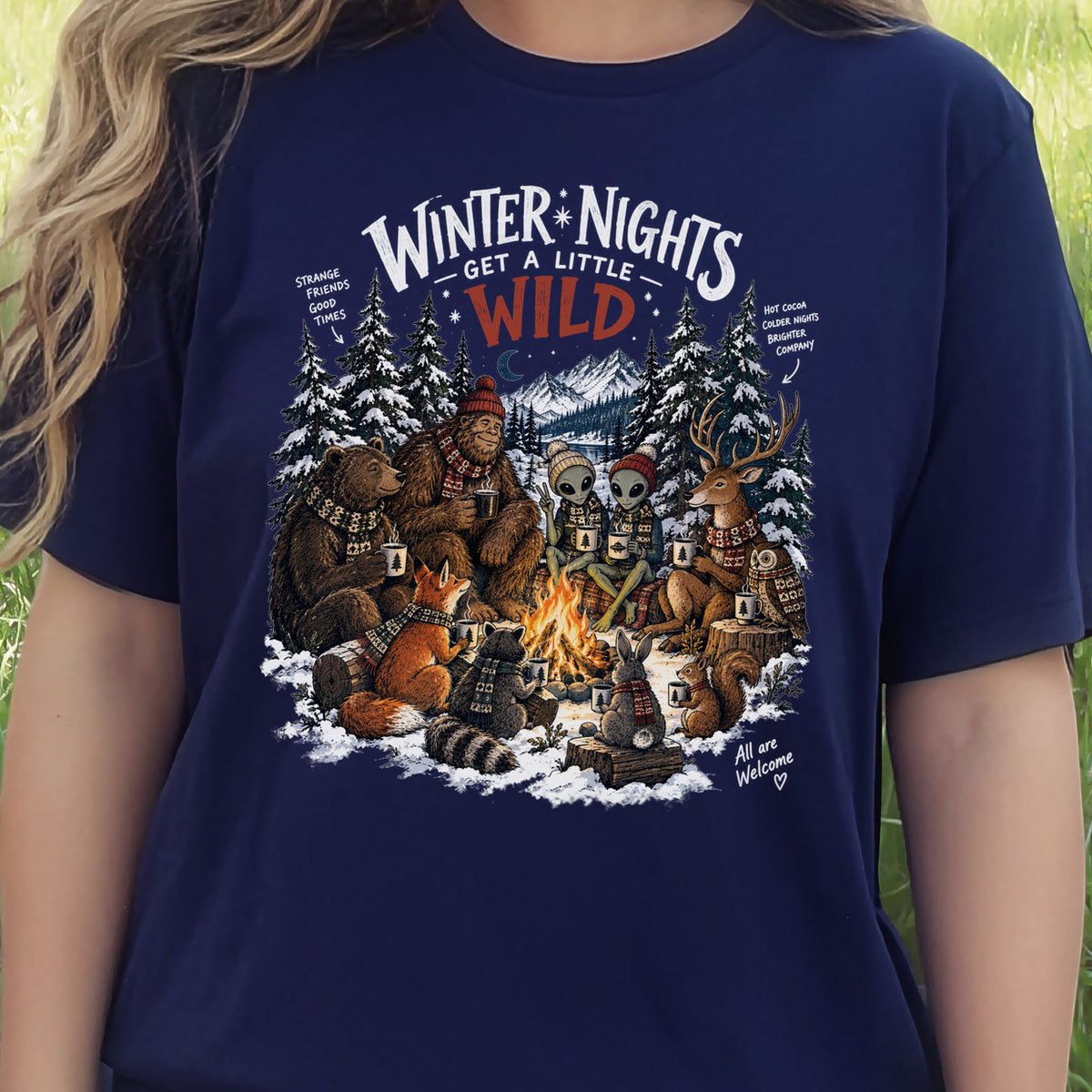 Winter Nights Get a Little Wild Bigfoot Alien Wildlife Campfire T-Shirt