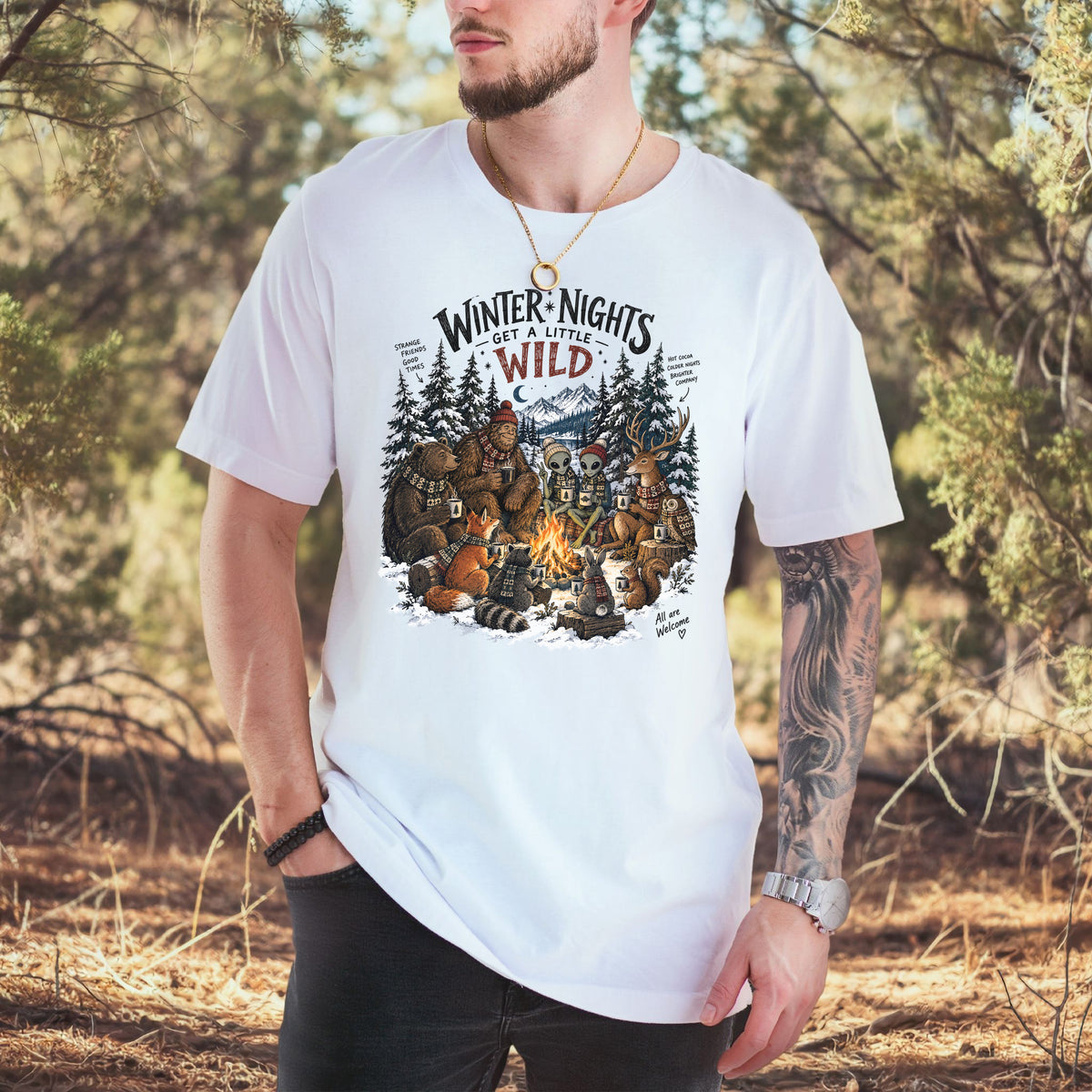 Winter Nights Get a Little Wild Bigfoot Alien Wildlife Campfire T-Shirt