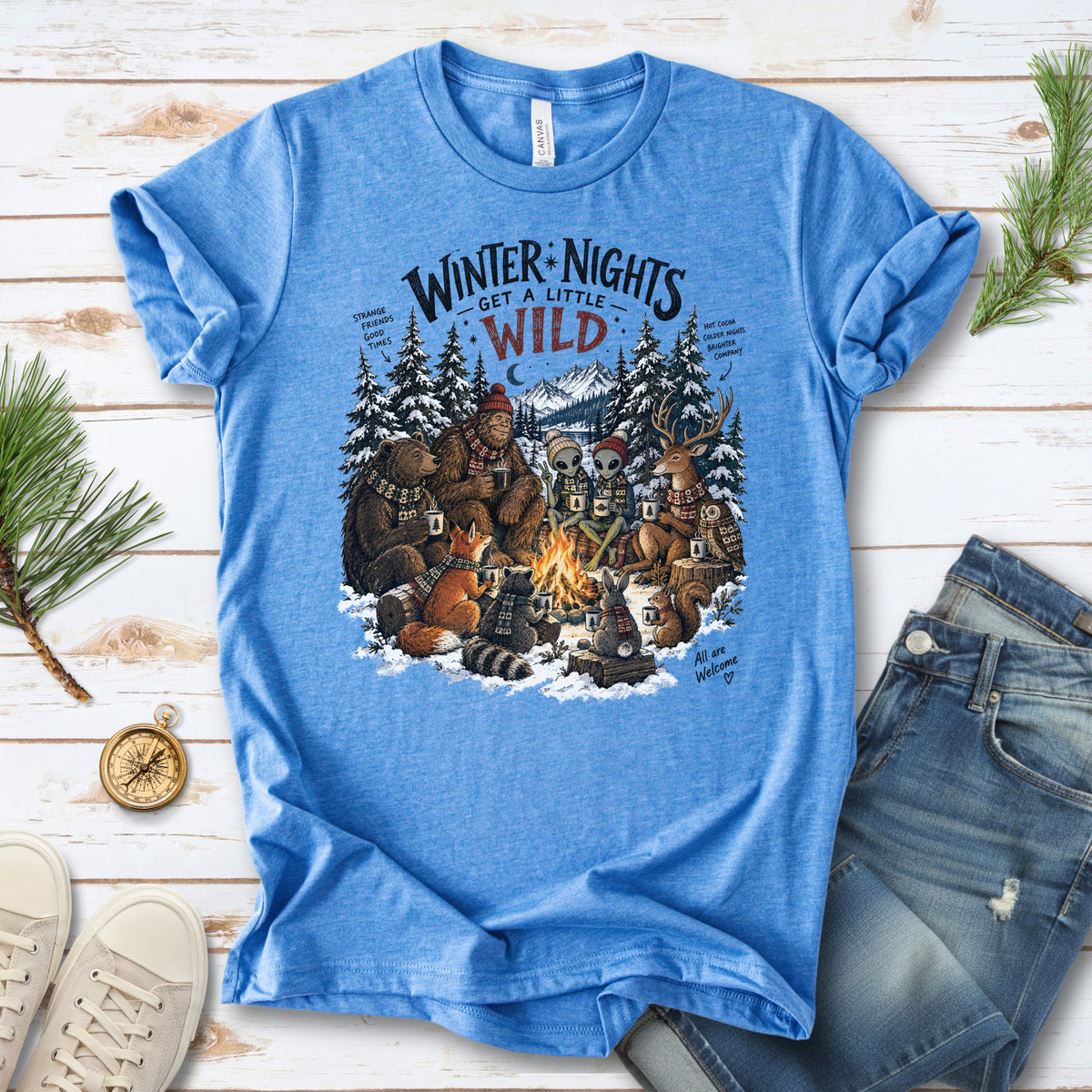 Winter Nights Get a Little Wild Bigfoot Alien Wildlife Campfire T-Shirt