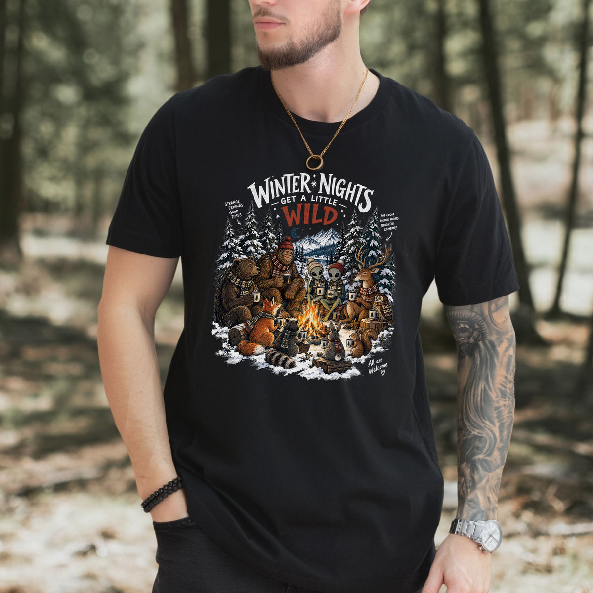 Winter Nights Get a Little Wild Bigfoot Alien Wildlife Campfire T-Shirt