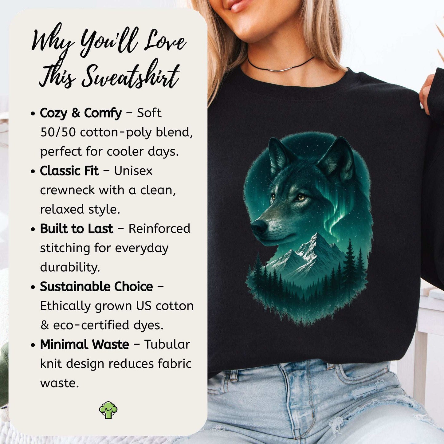 Wolf and Northern Lights Sweatshirt – Spirit Animal in Night Forest & Mountain Scene