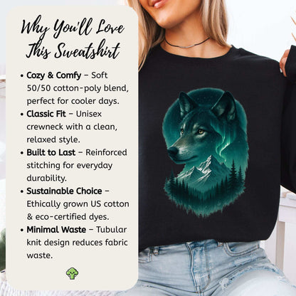 Wolf and Northern Lights Sweatshirt – Spirit Animal in Night Forest & Mountain Scene