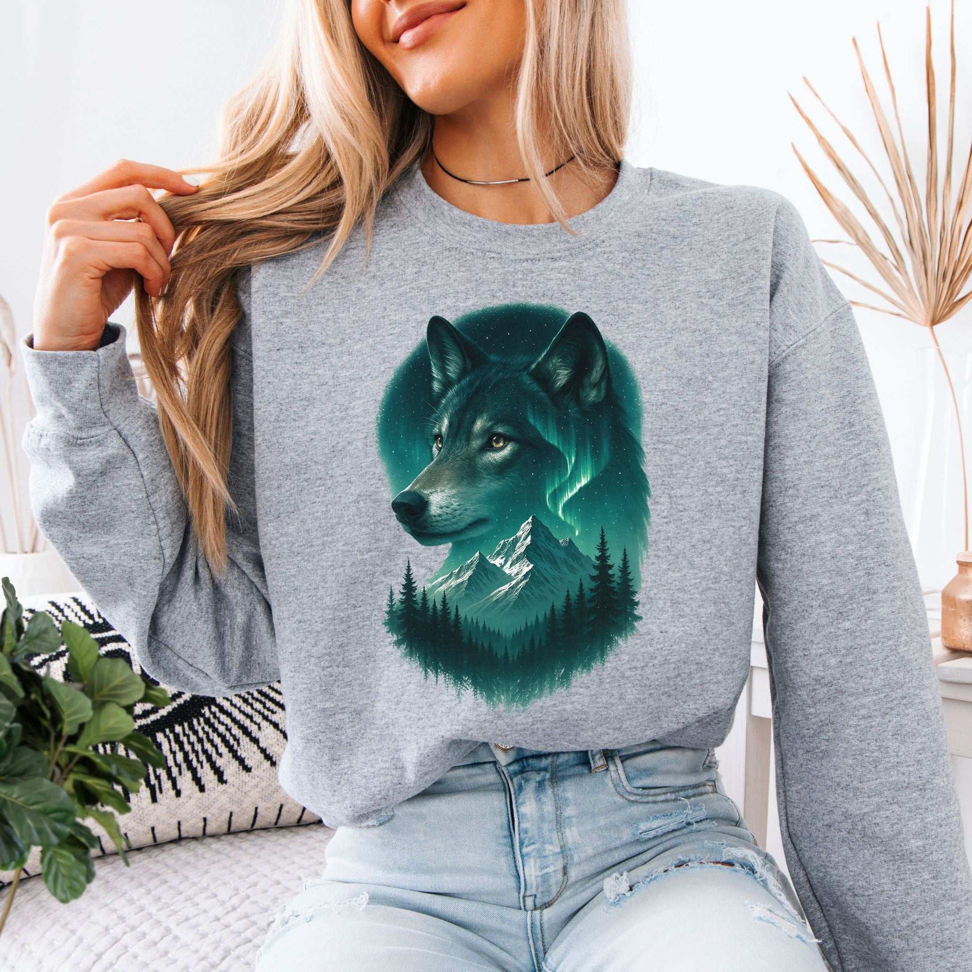 Wolf and Northern Lights Sweatshirt – Spirit Animal in Night Forest & Mountain Scene