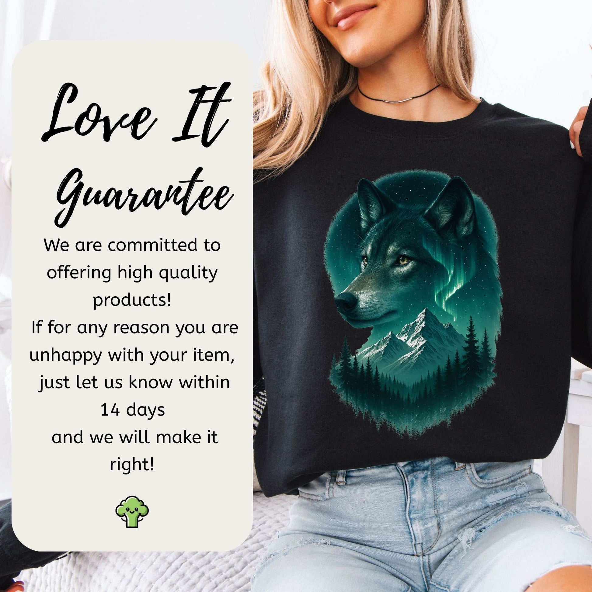 Wolf and Northern Lights Sweatshirt – Spirit Animal in Night Forest & Mountain Scene