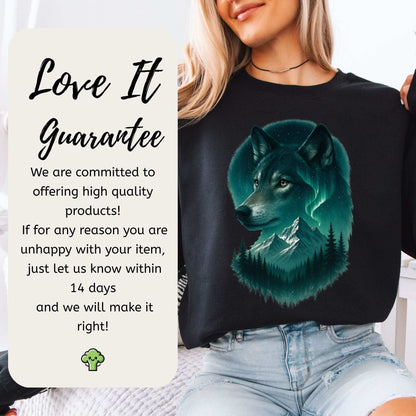 Wolf and Northern Lights Sweatshirt – Spirit Animal in Night Forest & Mountain Scene