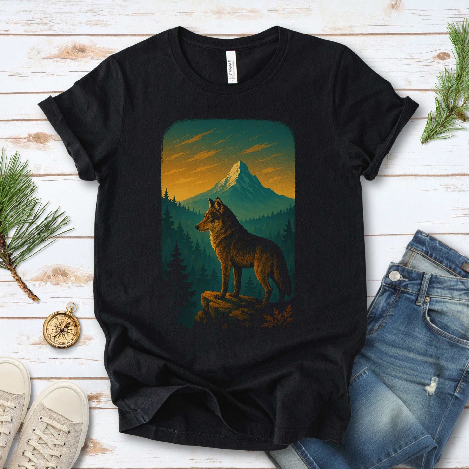 Wolf on Cliff T-Shirt – Majestic Forest & Mountain Wildlife Tee