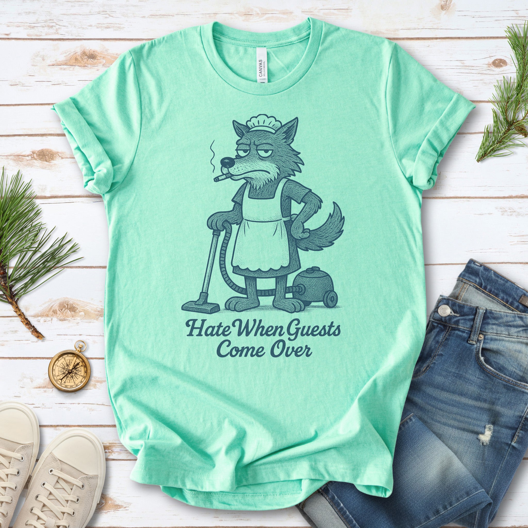 Funny Wolf Maid T-Shirt – “Hate When Guests Come Over” Retro Cleaning Humor Tee