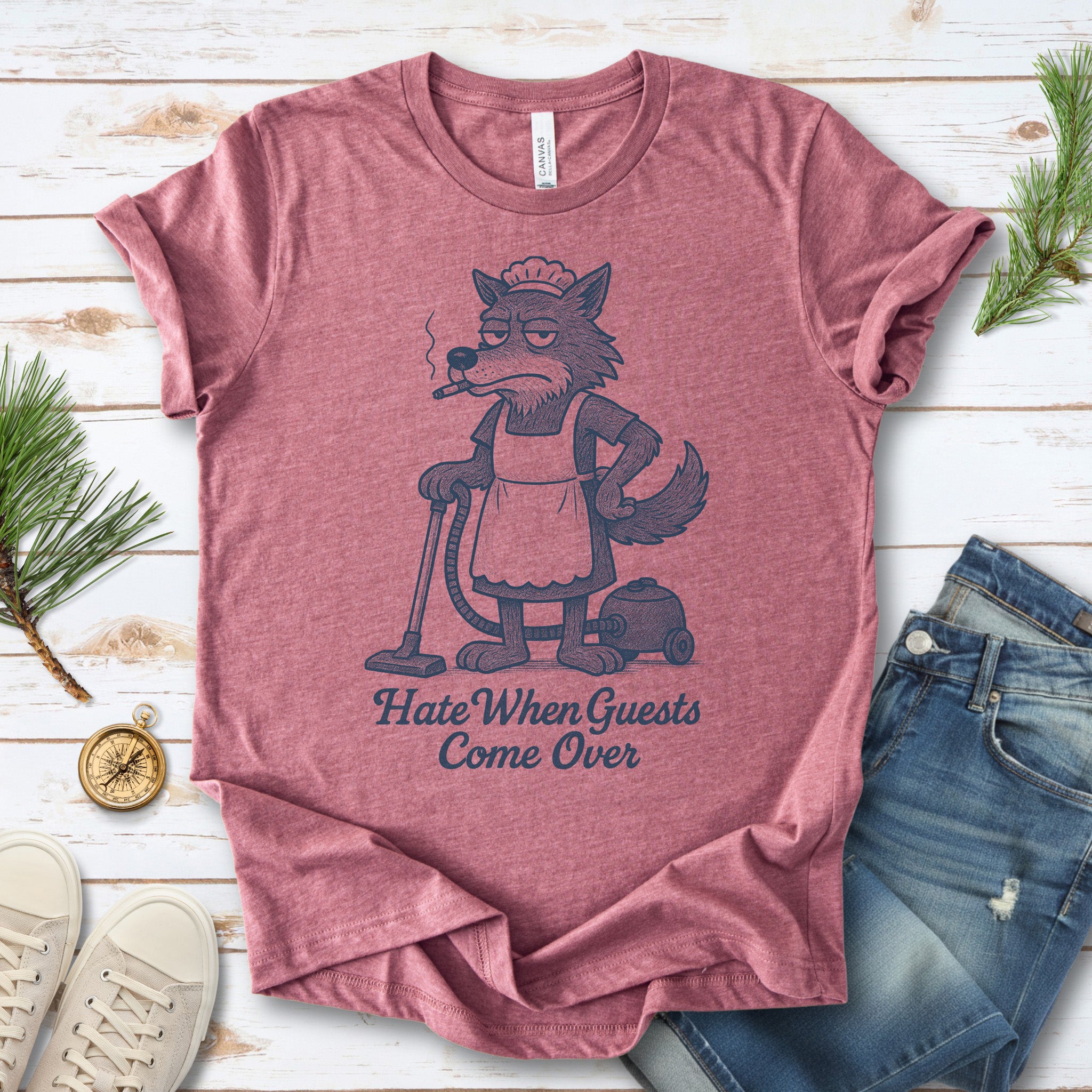 Funny Wolf Maid T-Shirt – “Hate When Guests Come Over” Retro Cleaning Humor Tee