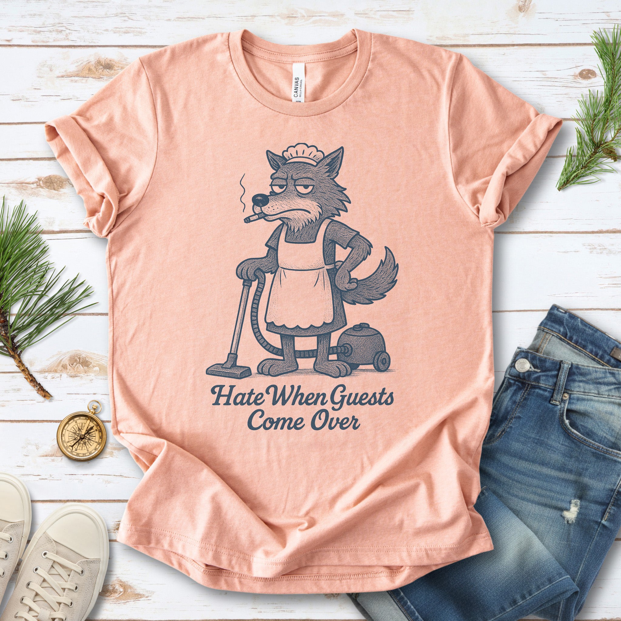 Funny Wolf Maid T-Shirt – “Hate When Guests Come Over” Retro Cleaning Humor Tee