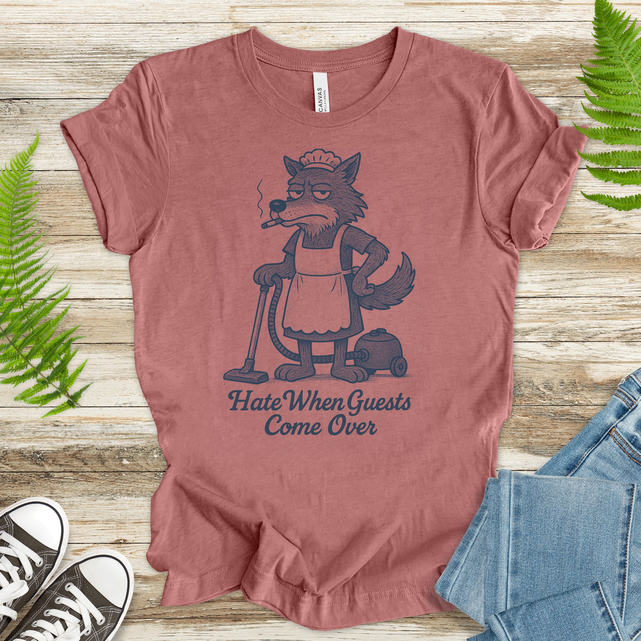 Funny Wolf Maid T-Shirt – “Hate When Guests Come Over” Retro Cleaning Humor Tee