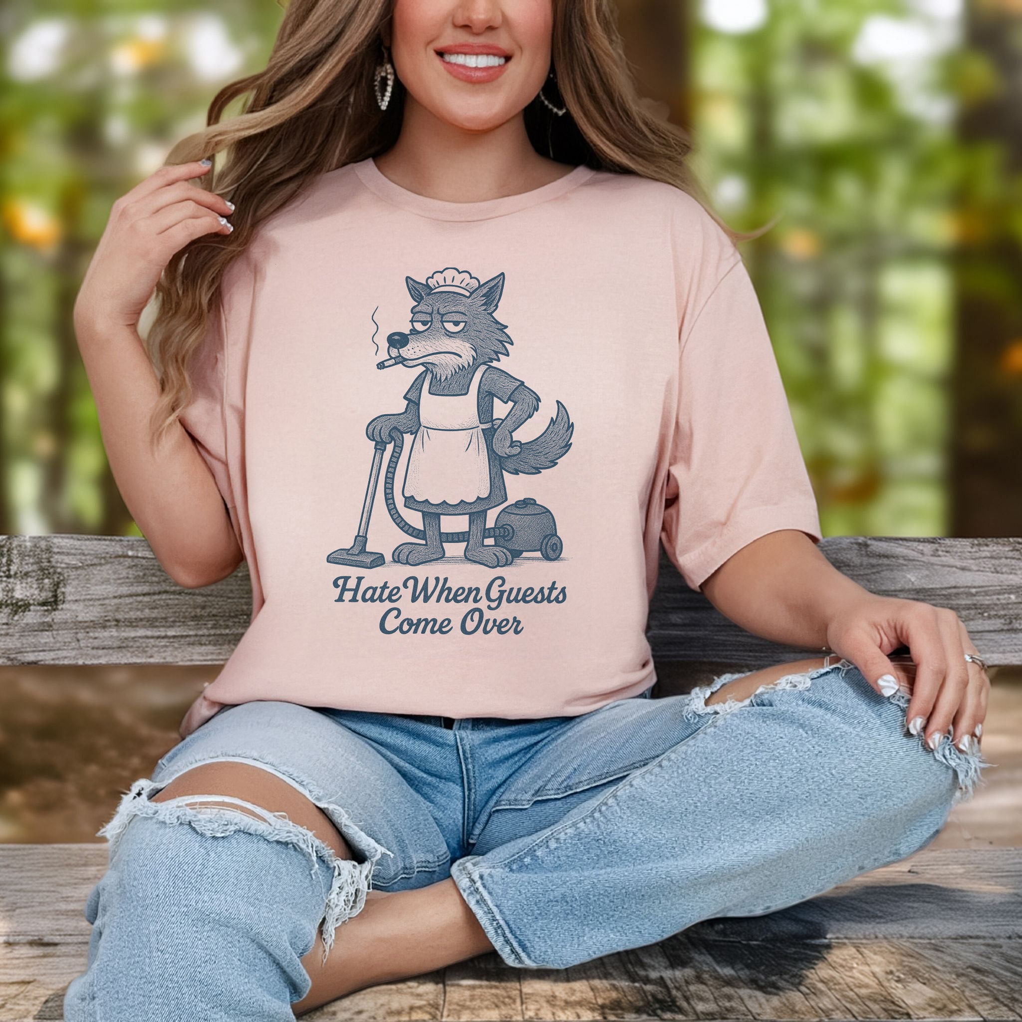 Funny Wolf Maid T-Shirt – “Hate When Guests Come Over” Retro Cleaning Humor Tee