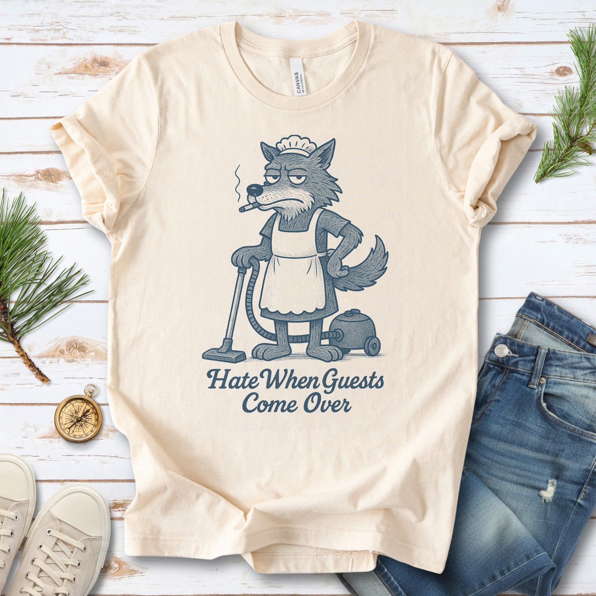 Funny Wolf Maid T-Shirt – “Hate When Guests Come Over” Retro Cleaning Humor Tee