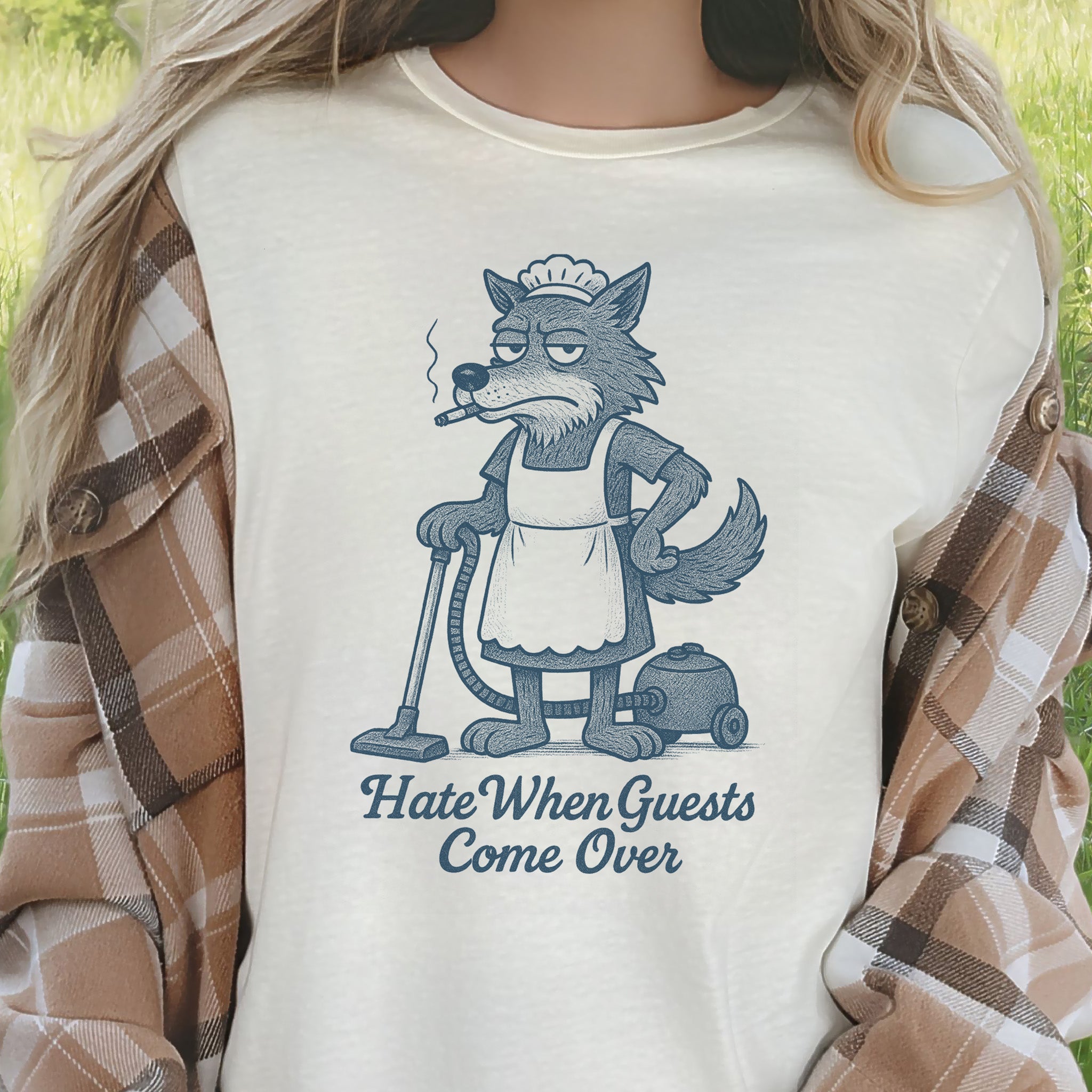 Funny Wolf Maid T-Shirt – “Hate When Guests Come Over” Retro Cleaning Humor Tee