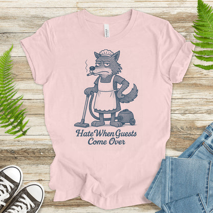 Funny Wolf Maid T-Shirt – “Hate When Guests Come Over” Retro Cleaning Humor Tee