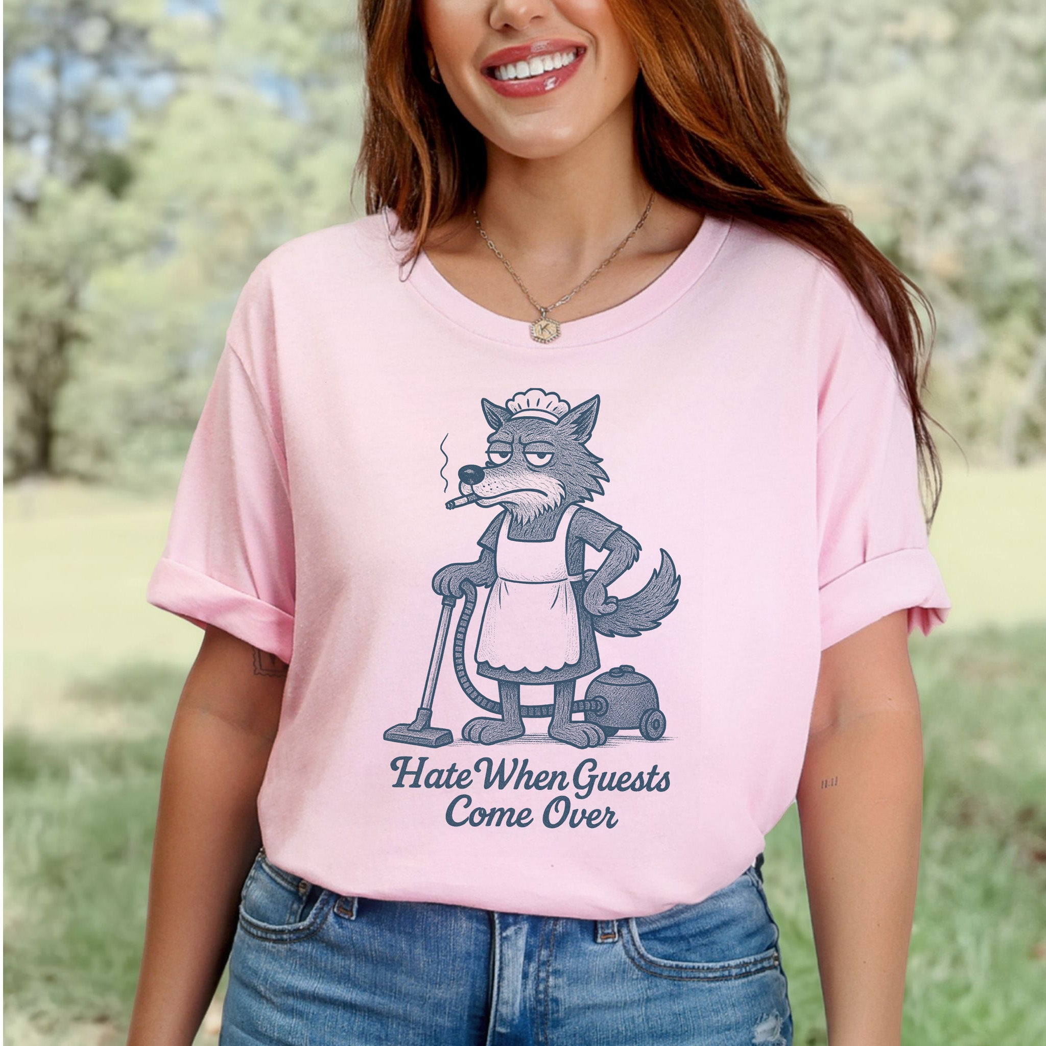 Funny Wolf Maid T-Shirt – “Hate When Guests Come Over” Retro Cleaning Humor Tee