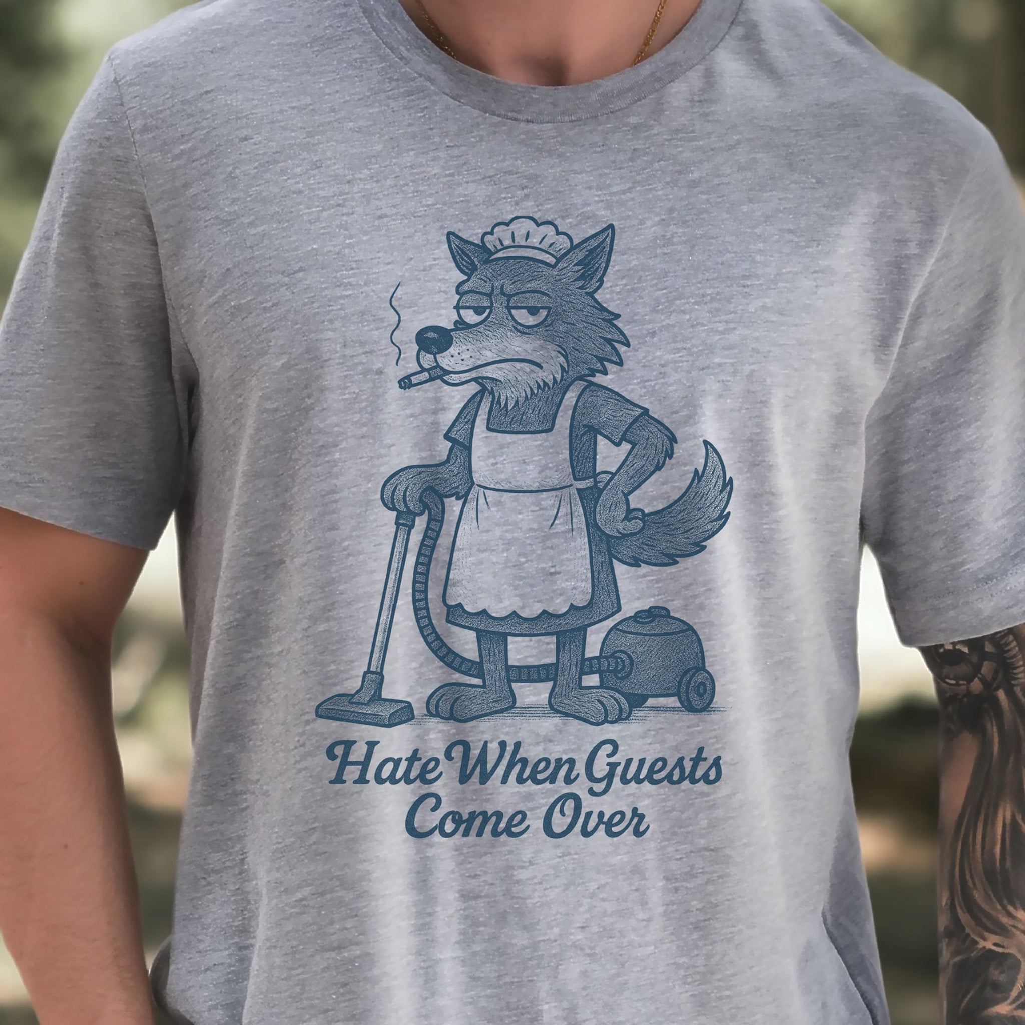Funny Wolf Maid T-Shirt – “Hate When Guests Come Over” Retro Cleaning Humor Tee