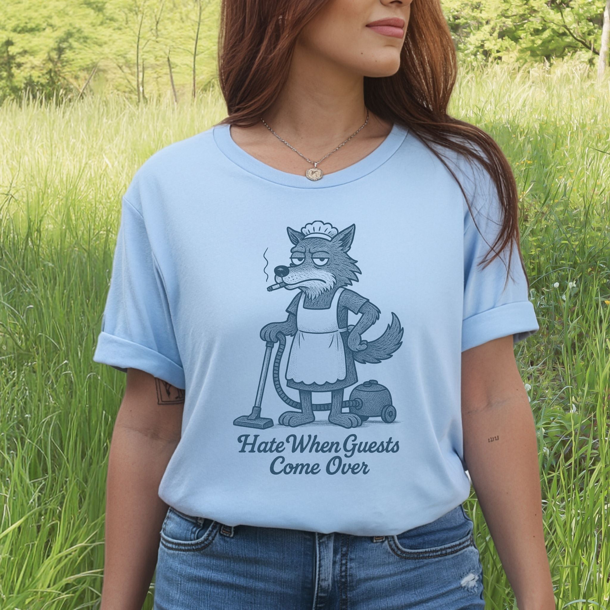 Funny Wolf Maid T-Shirt – “Hate When Guests Come Over” Retro Cleaning Humor Tee