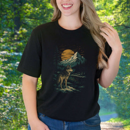 Spirit Wolf at Sunset T-Shirt – Japanese Style Mountain Landscape Tee