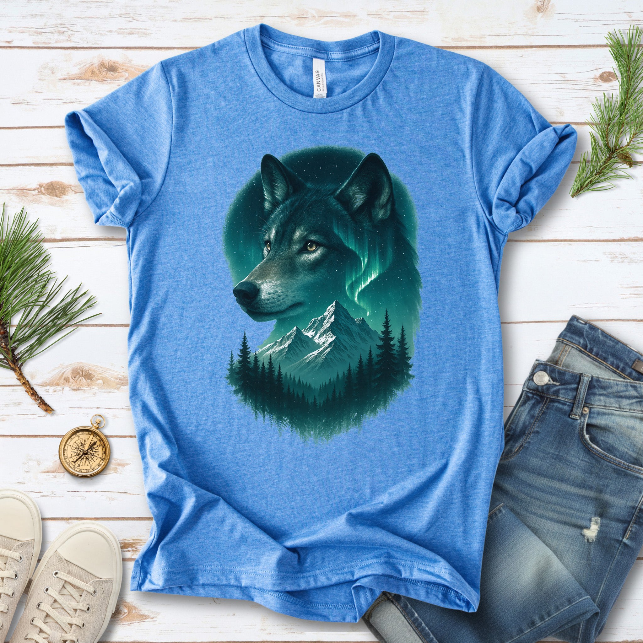 Wolf and Northern Lights T-Shirt – Spirit Animal in Night Forest & Mountain Scene