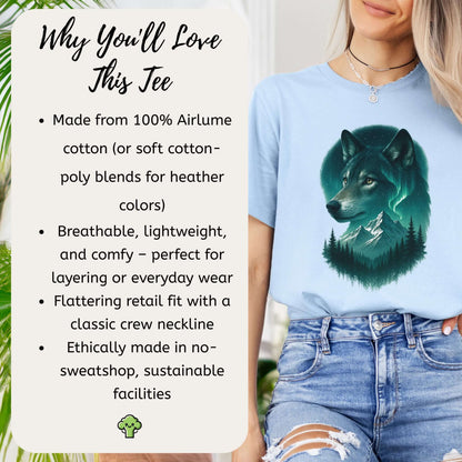 Wolf and Northern Lights T-Shirt – Spirit Animal in Night Forest & Mountain Scene